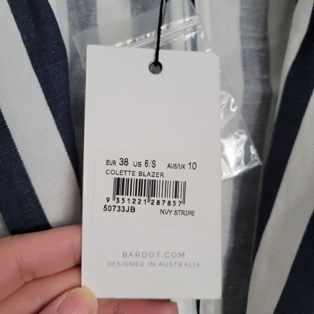NEW Bardot White Navy Striped Colette Long Sleeve Linen Blazer Jacket Size 6 / S - Picture 10 of 11